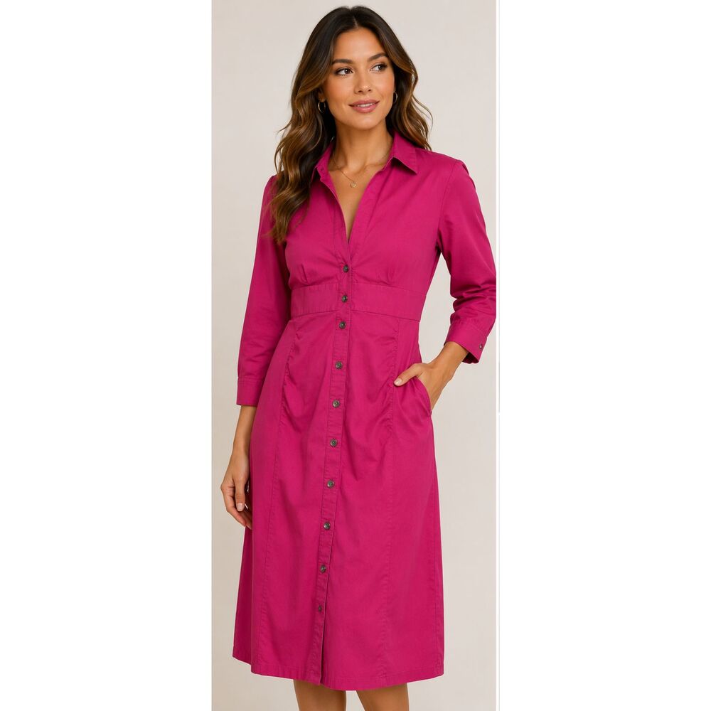 Express Design Studio Pink Button Front Shirt Dress Size 6 Collared Stretch Midi